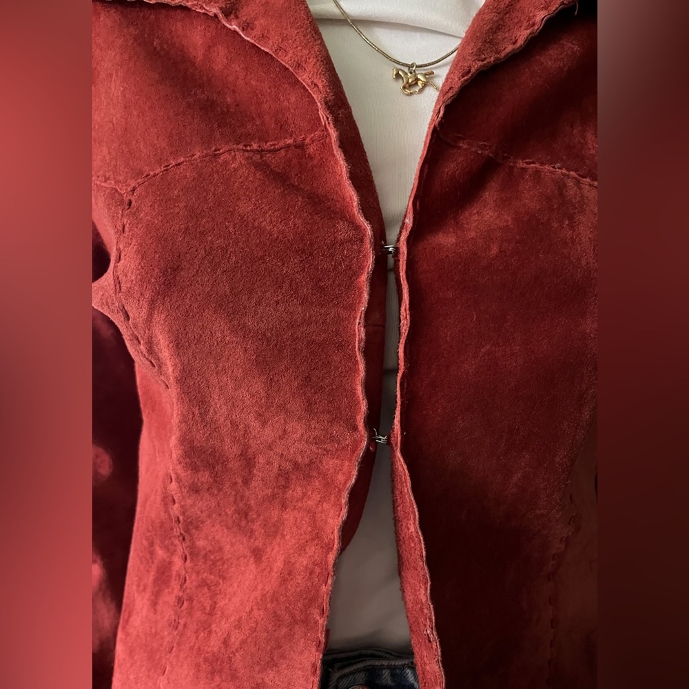 GORGEOUS Vintage 90s Wet Seal 100% Leather Rust Red/Orange Suede 70’s Style Coat - Picture 13 of 14